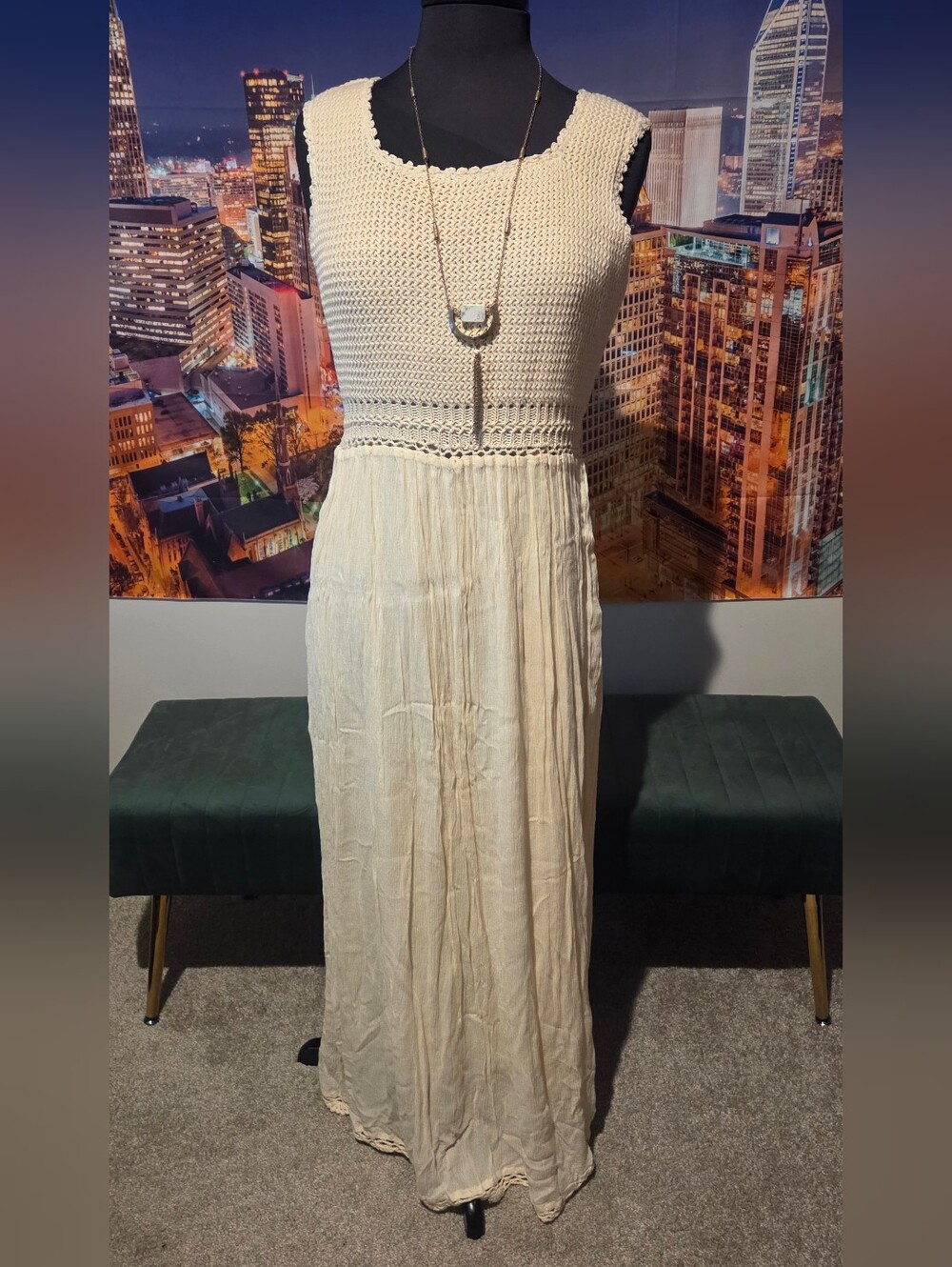 Boho Crochet Bodice Maxi Dress - Cream